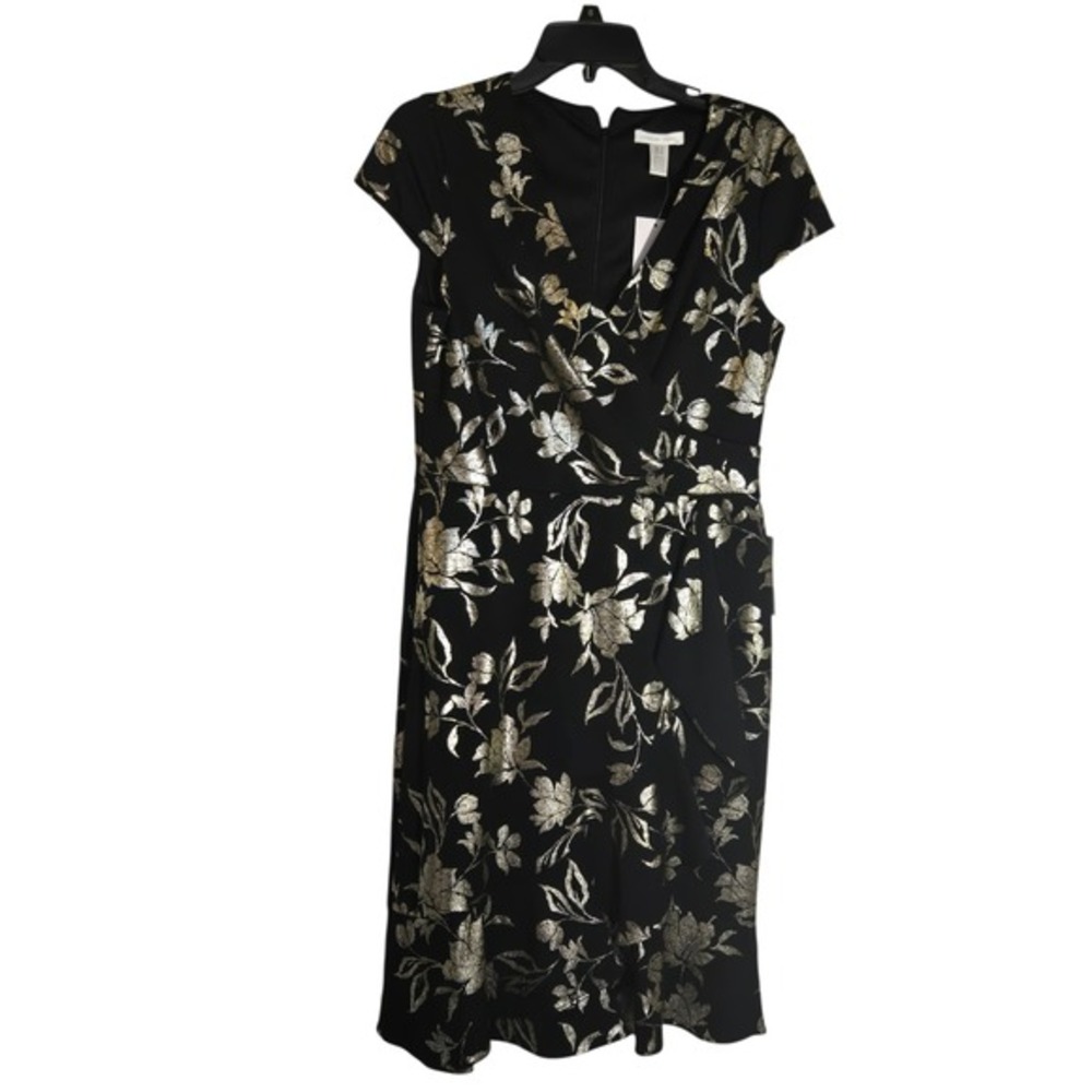 London Times Womens Black Gold Metallic Floral Foil Cap Sleeve Cocktail Dress 8